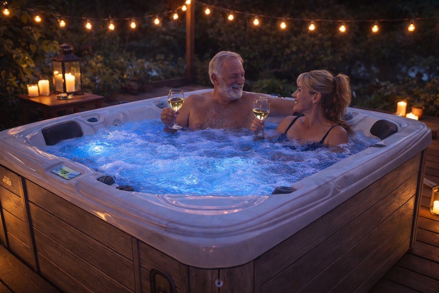 Couple relaxing in a premium hot tub on a backyard deck at night